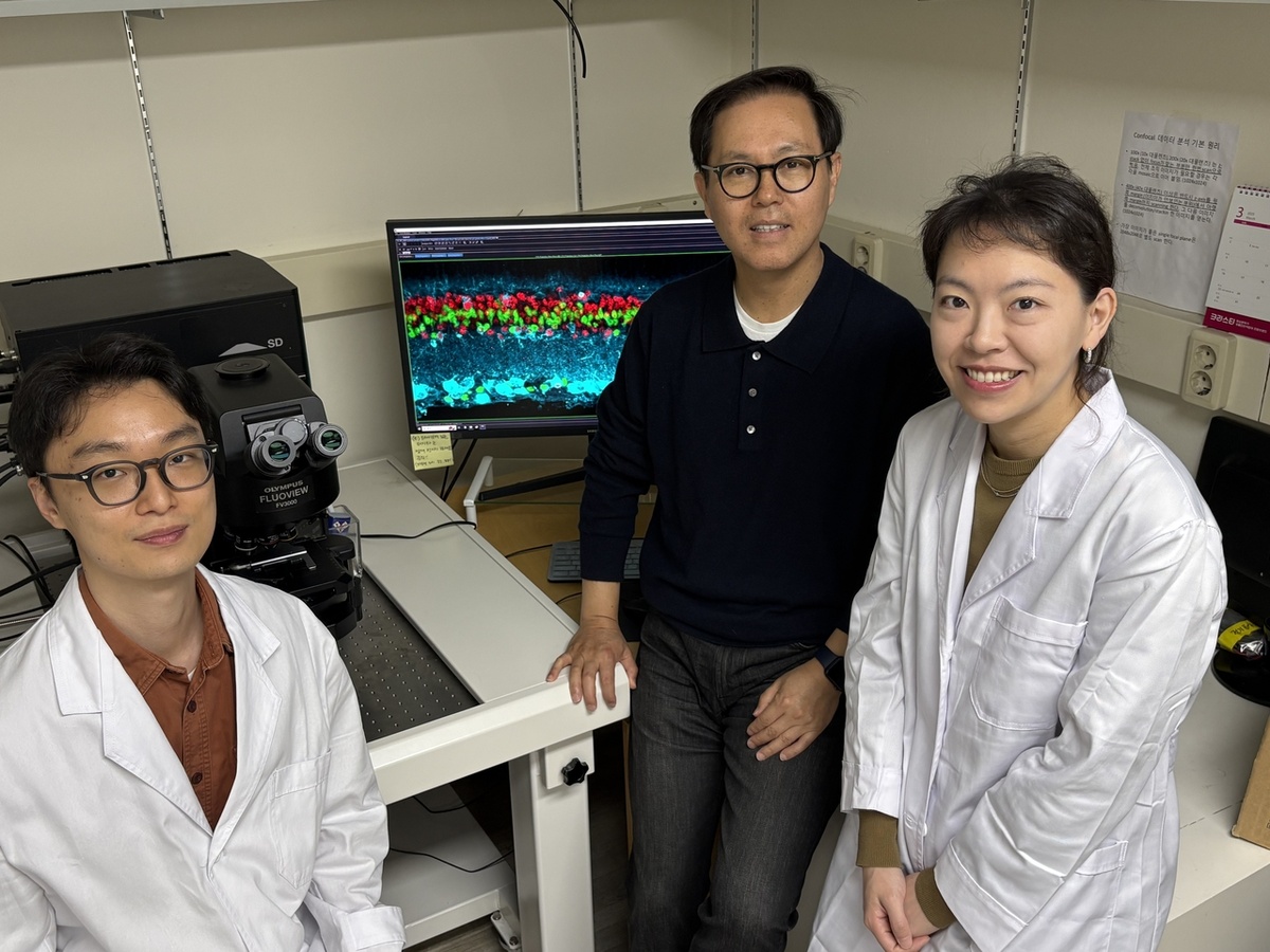 Исследователи из Корейского института передовых технологий (KAIST) разработали технологию регенерации поврежденной сетчатки. Слева направо: доктор наук Ким Му Сон, профессор Ким Чжин Ву и постдок Ли Ын Чжон из отделения бионауки (Корейский институт передовых технологий)