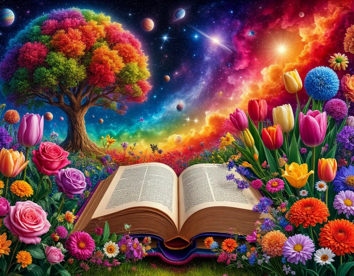 Мир - книга, написанная Творцом. В книге - деревья, планеты, галактики звезды, Радуга состоит из цветов разных сортов (розы, тюльпаны, гвоздики, лилии, гиацинты, ромашки, астры, васильки, лютики, пионы , гладиолусы) цветов и оттенков и сортов радуга - из цветов, шедеврально, неземная красота, интерференция из цветов цветов, сюрреализм, фэнтэзи, 10D, бесконечная экспозиция и детализация, фракталы