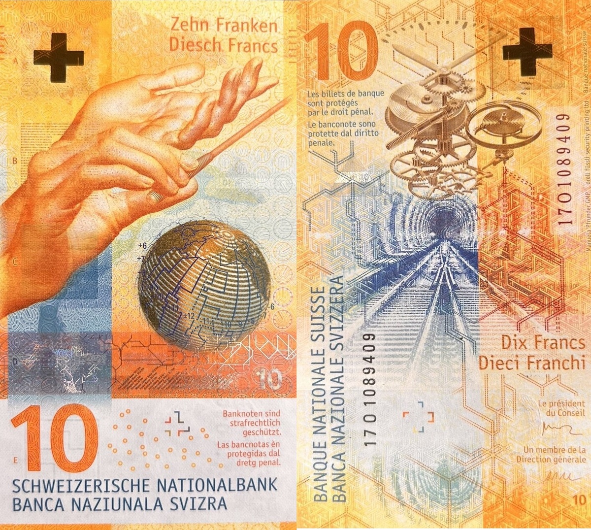 10 швейцарских франков (руки дирижера, часовой механизм и железнодорожный тоннель)
