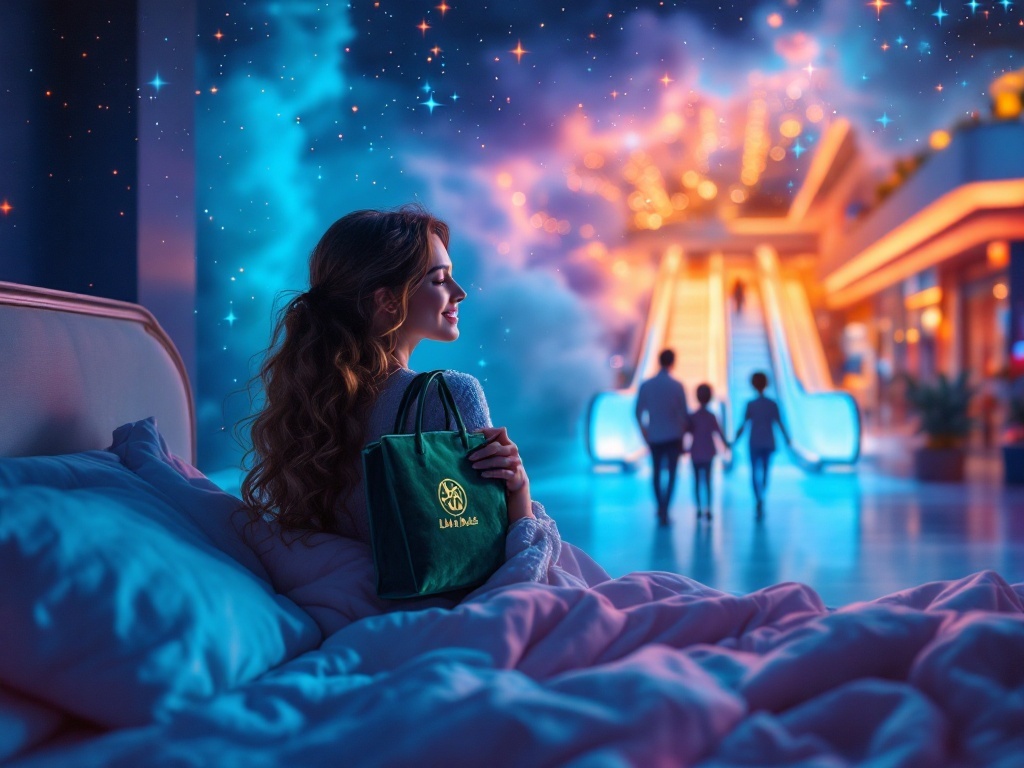    К чему такое снится: На картине изображён торговый центр, где женщина держит в руках зелёную бархатистую сумку с надписью. Она улыбается, в то время как муж и младший сын уезжают на эска