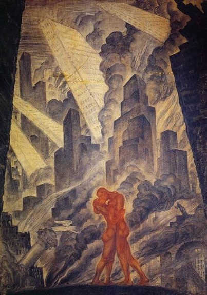 Добужинский М.В. Городские сны. Поцелуй.1916. Картон, акв., тушь, сангина, процарапывание. Государственный Русский Музей