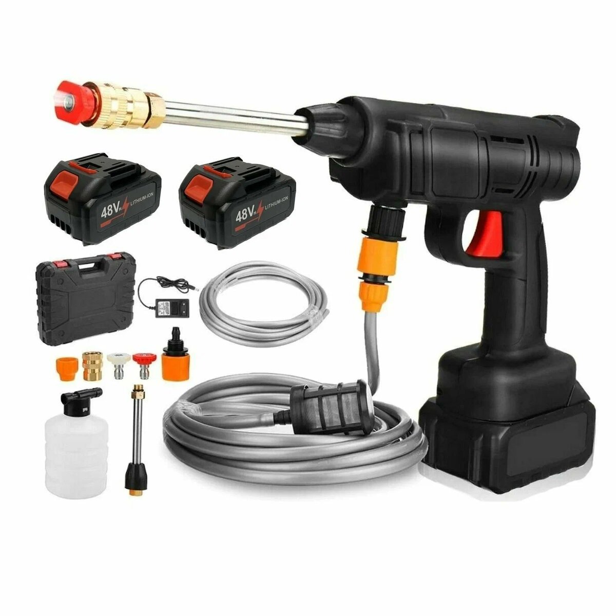 Современные модели автомоек оснащены всем необходимым и продаются сразу в полной комплектации - шланг, зарядное устройство, насадки и переходники, удлинительная трубка, емкость для химии, сменные аккумуляторы, фильтр и спринклеры. 