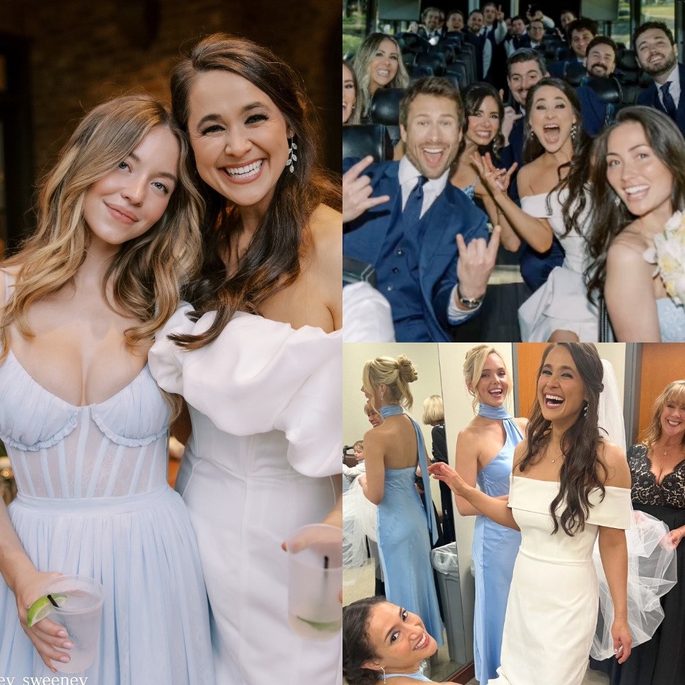 Сидни Суини и Глен Пауэлл на свадьбе Лесли Пауэлл