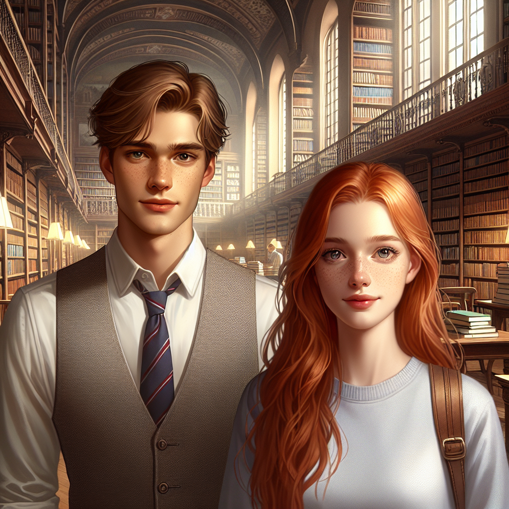 Аня и Дима в уютной, залитой солнечным светом старинной библиотеке. Высокие книжные стеллажи окружают их, создавая атмосферу волшебства и спокойствия. | Картинка - ИИ-арт © Надежда.