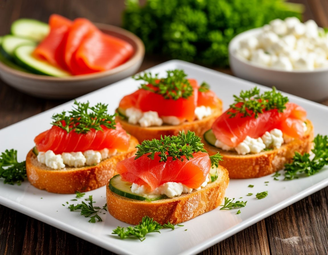 Брускетта с творожным сыром, огурцом, красной рыбой и зеленью