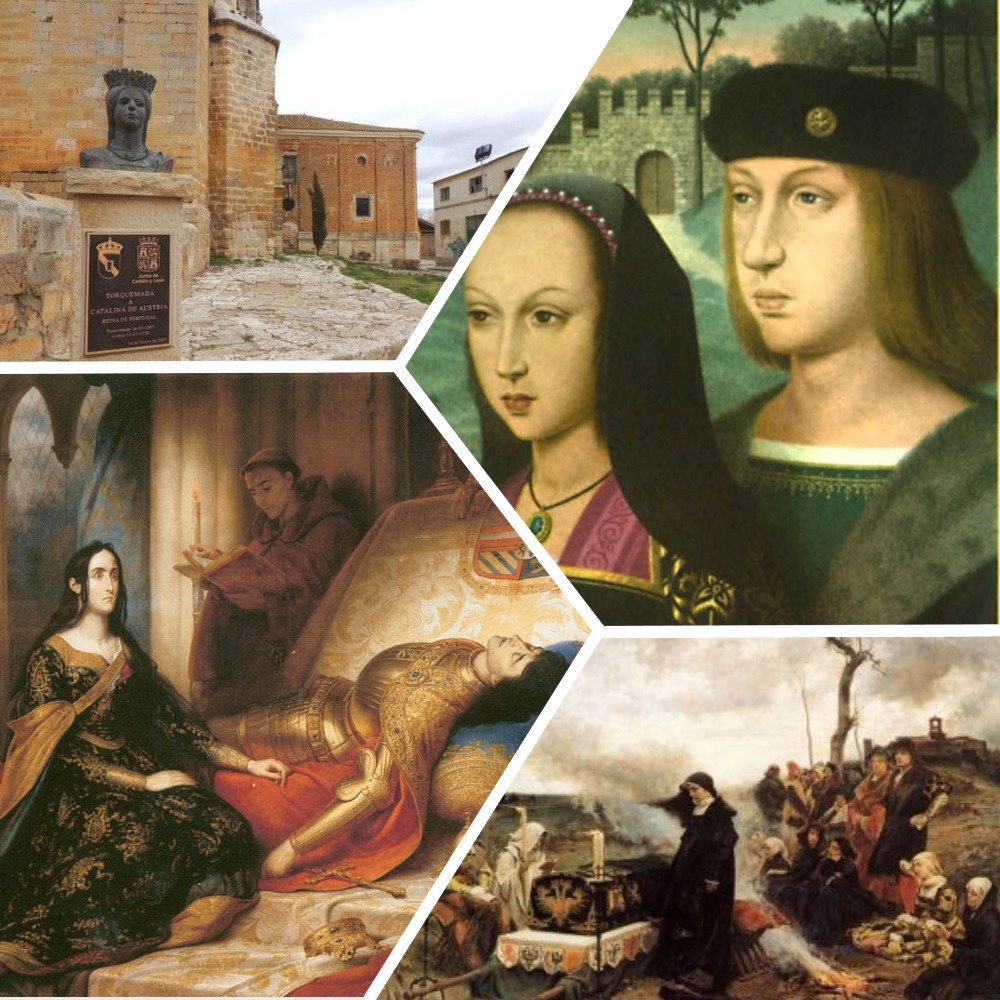 Бюст Екатерины Австрийской напротив церкви Св. Евлалия в Торквемаде, где она родилась. Родители - Хуана Кастильская и Филипп Бургундский. Смерть Филиппа и безумие Хуаны в изобразительном искусстве.