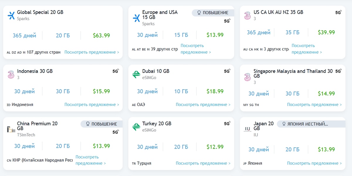 Популярные тарифные планы от сервиса MobiMatter