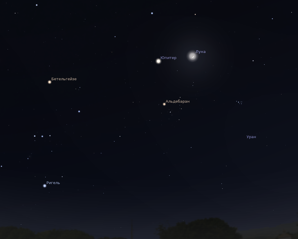 Юпитер и Луна в вечернем небе 5 апреля