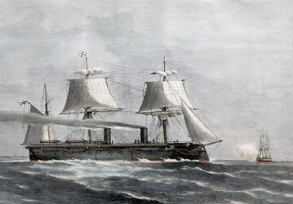 Старинная гравюра «Броненосный фрегат Кронпринц», художник Hermann Penner, Германия, Эльблонг, 19 в. Фото с нашего сайта dvaveka.ru