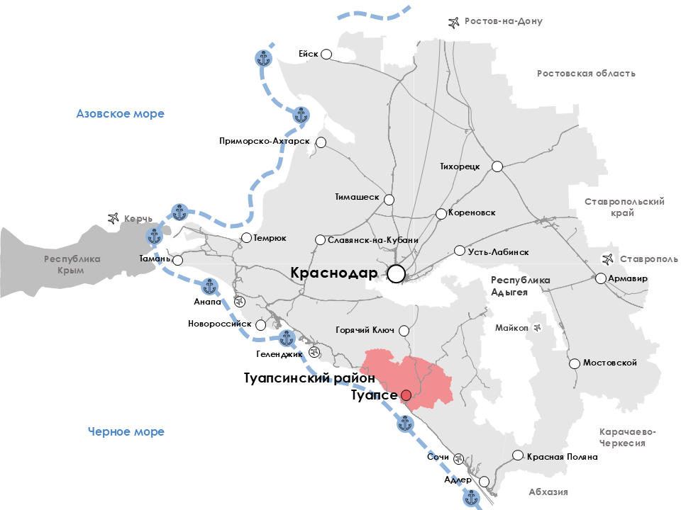 Рис. 2. Геопространственное положение Туапсинского района в структуре Краснодарского края