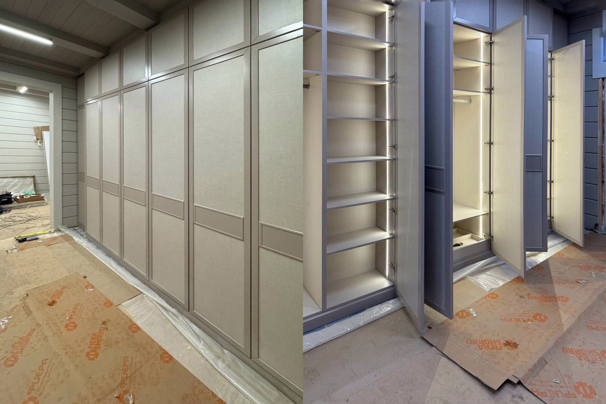 Встроенная мебель для прихожей, в шкафах установлены выдвижные элементы и подсветка