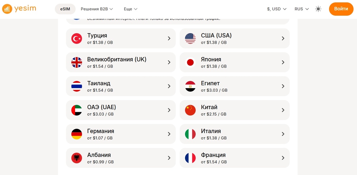 Тарифы на виртуальные карты Yesim