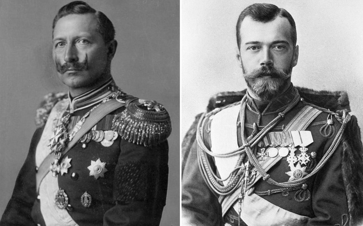 Слева - кайзер Вильгельм, справа - император Николай