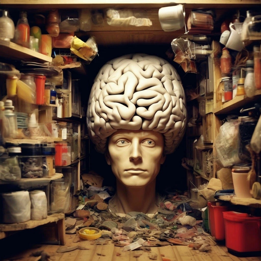 Картинка посвящена тем, кто живёт в "своей голове", накопив очень много мусора, ложных представлений о себе, и не знает как выбраться из этой ограничивающей коробки.