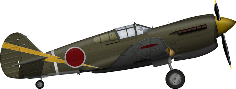 P-40E в окраске 50-го сентай (фотоподтверждения нет, восстановлено художниками "по подобию"). Три самолета этого типа в 1943 году использовались для ПВО района Рангун в Бирме (современный Янгон в Мньянме). Даже считается, что одержали победы в бою - по ошибке сбив один и повредив два своих Ki-21.