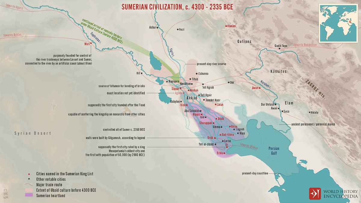 Карта шумерской цивилизации (4300-2334 до н.э)