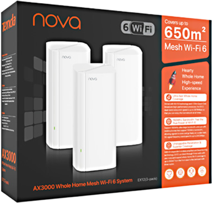 Tenda EX12 в комплектации 3-pack (3 башни) за счет более мощных встроенных антенн создаст высокоскоростную сеть стандарта Wi-Fi 6 на площади до 650 м2, в том числе и в загородном доме, невзирая на перекрытия и стены.