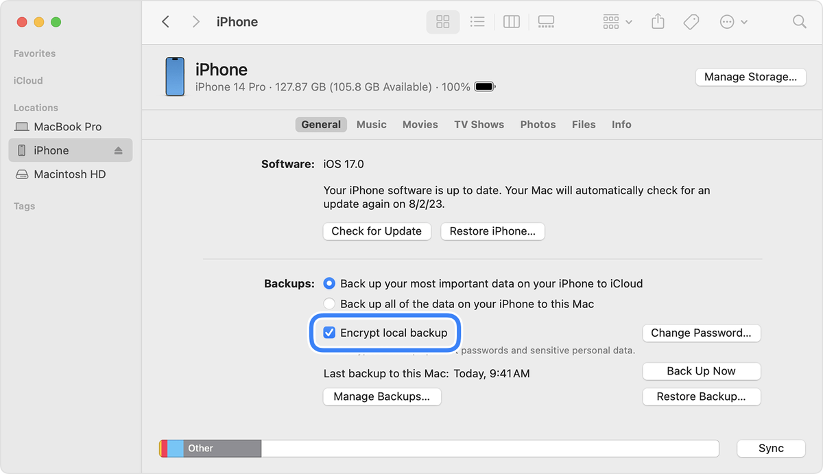 Пример использования finder для создания резервной копии iphone.