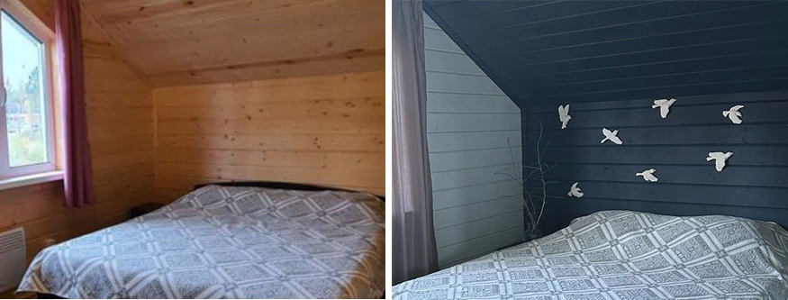 Фото первой спальни: слева "до", справа "после" хоумстейджинга