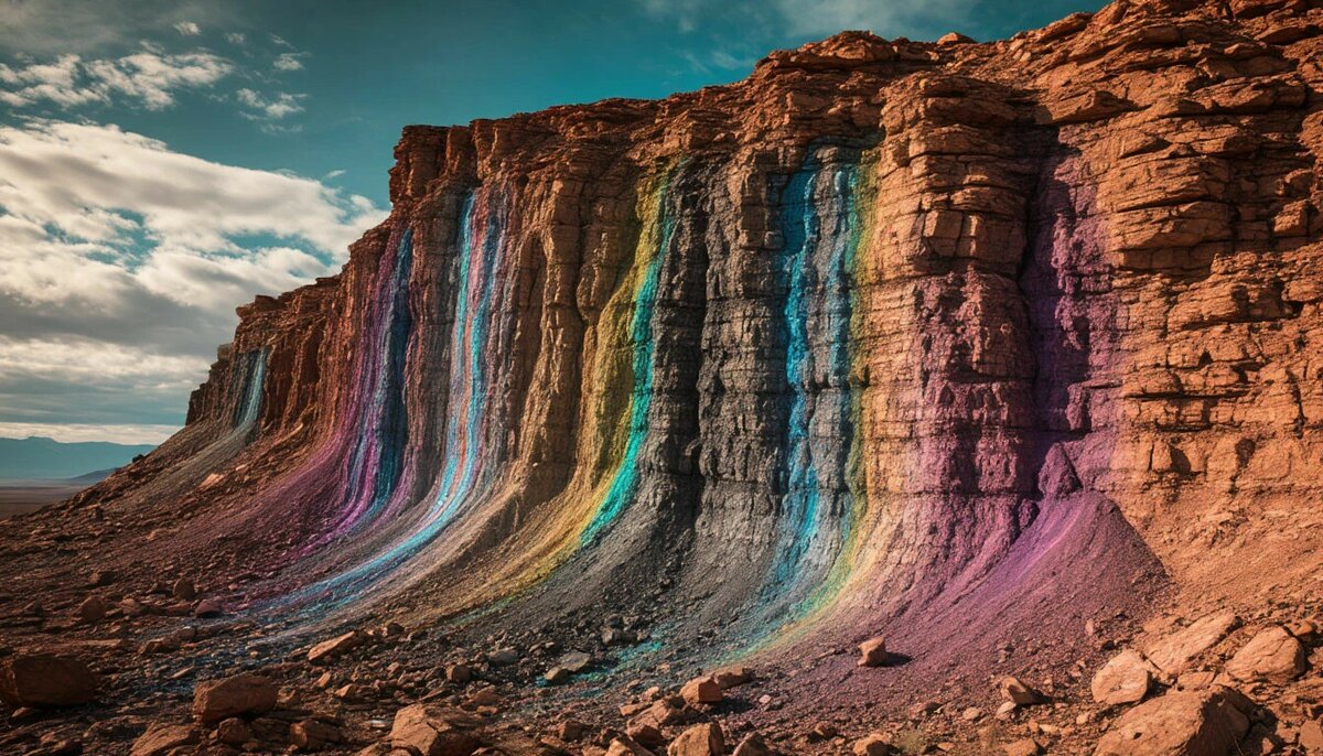 геологические слои — не доказательство эволюции, а следствие грехопадения и интерференционная картина, «спектр» поврежденной реальности. Сюрреализм 10D, тройная экспозциция, гиперреализм, высокая детализация, Фэнтэзи