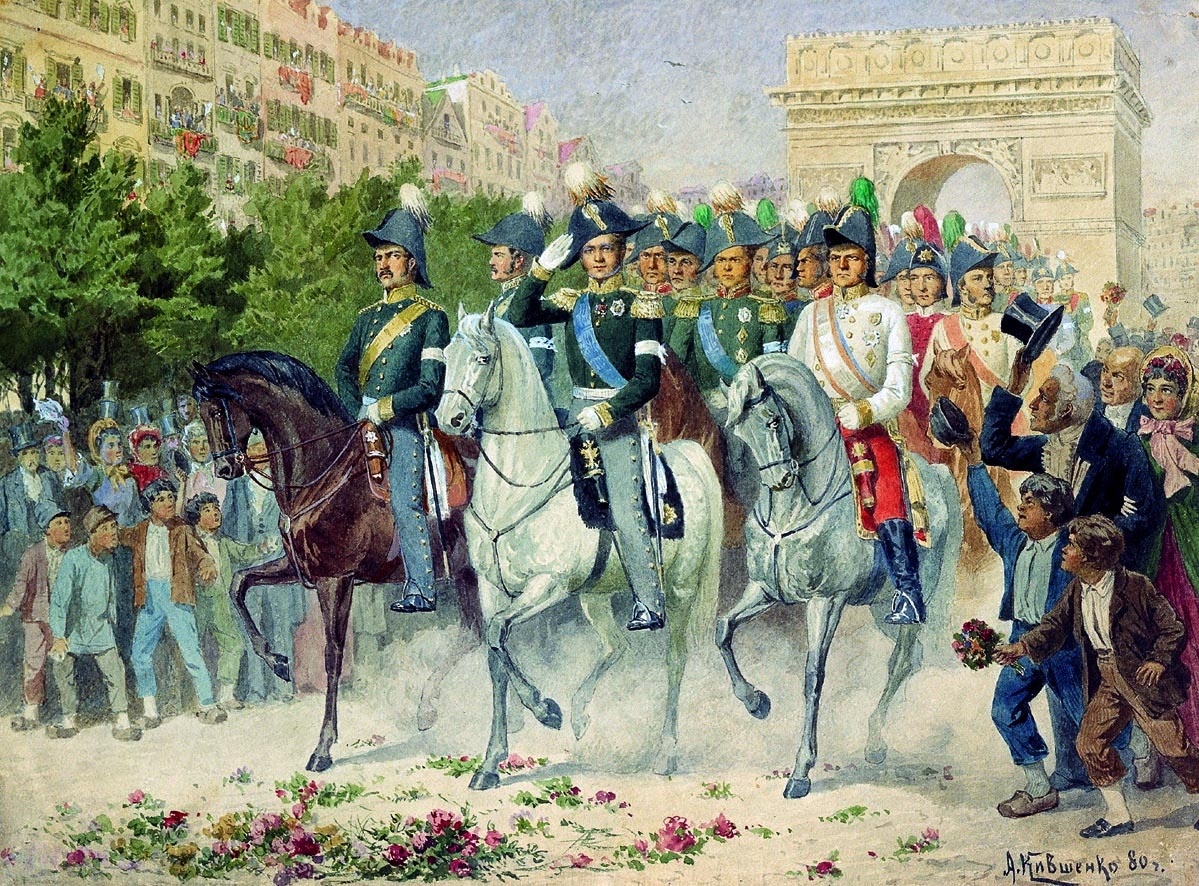 А. Кившенко. Вступление русских войск в Париж. 31 марта (19 марта по старому стилю) 1814 года. https://ru.wikipedia.org/wiki/Взятие_Парижа_(1814)#/media/Файл:Вступление_русских_войск_в_Париж.jpg