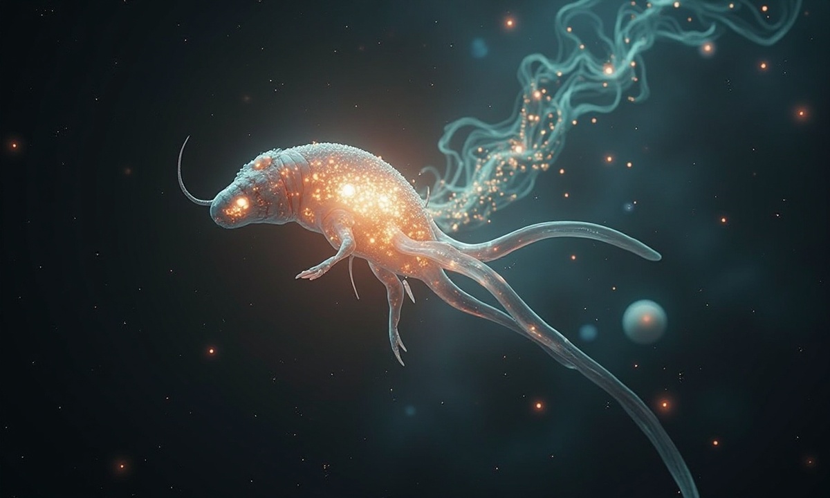 Существо из высших измерений парит в бесконечном пространстве, окруженное геометрическими формами и светящимися мембранами, символизирующими другие миры.