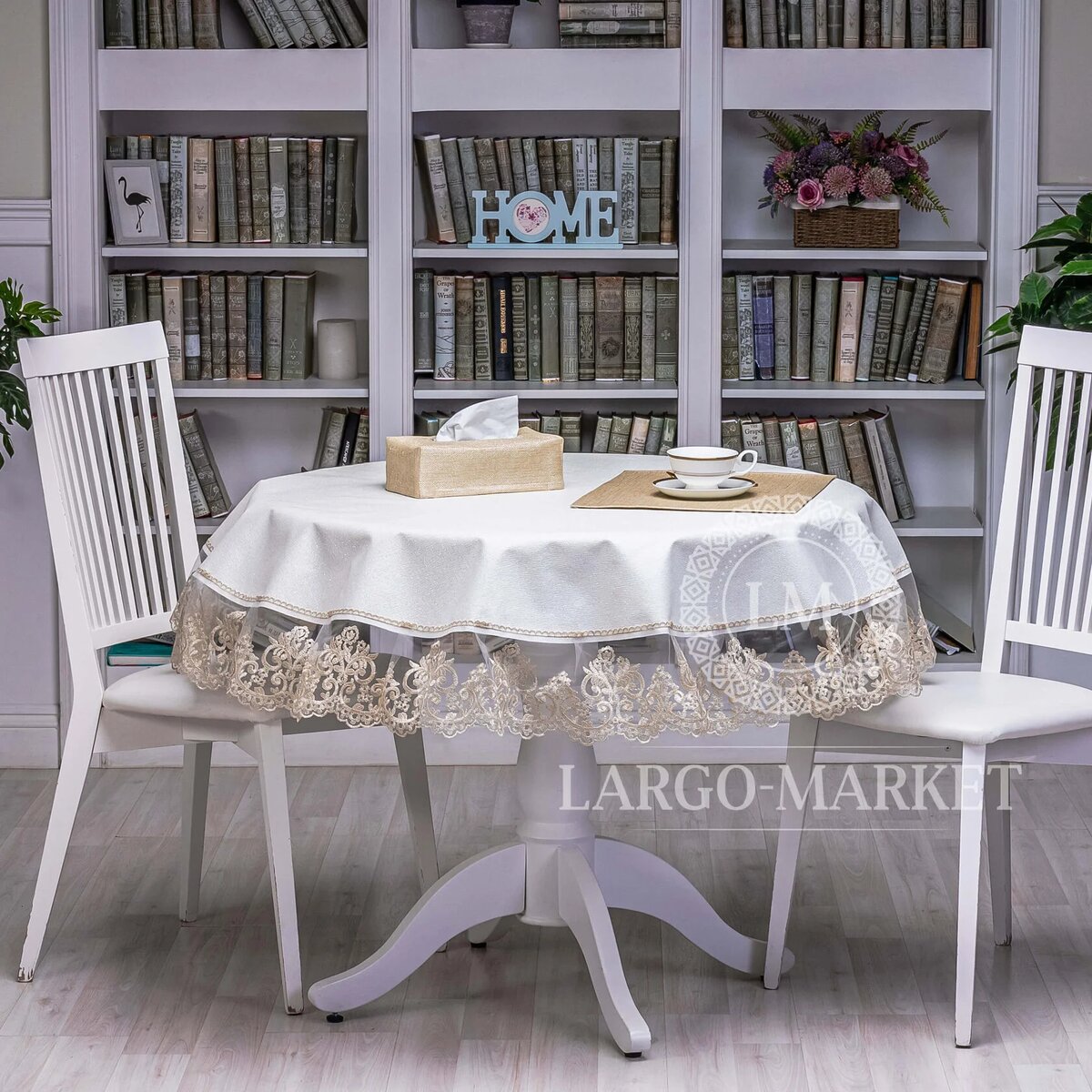 Скатерть из экокожи Белый с блестками (кант кружево)