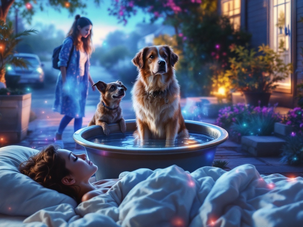    К чему такое снится: Я нарисую сцену на улице: пес сидит в полном тазу воды и смотрит на женщину, подходящую к нему с удивлением и тревогой. Собака выглядит спокойной и немного благодарн