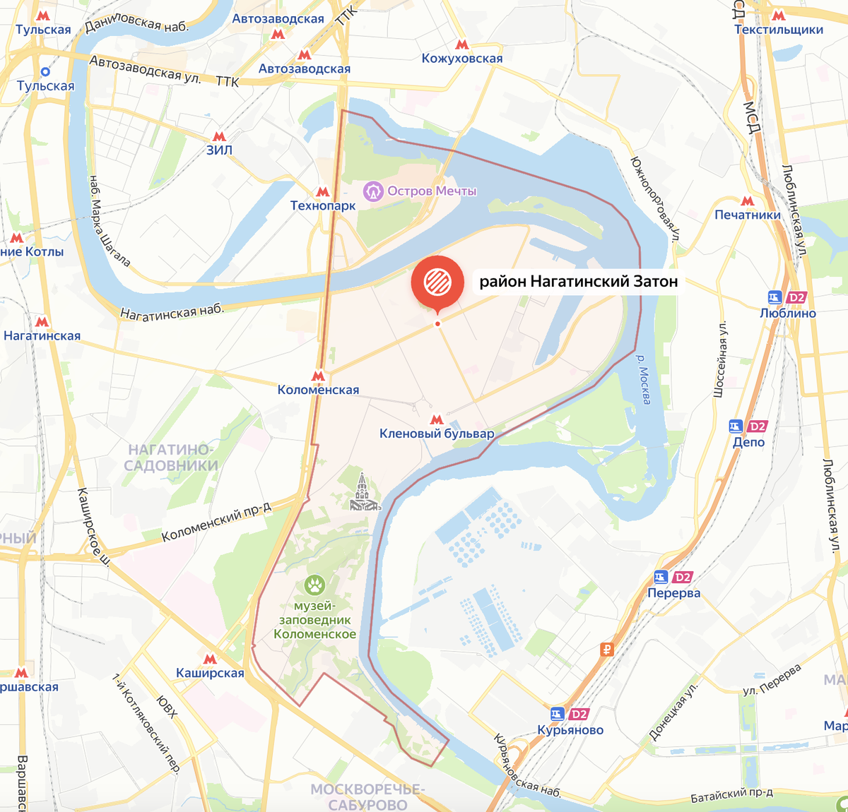 Границы района Нагатинский Затон на современной карте Москвы. Яндекс.Карты.