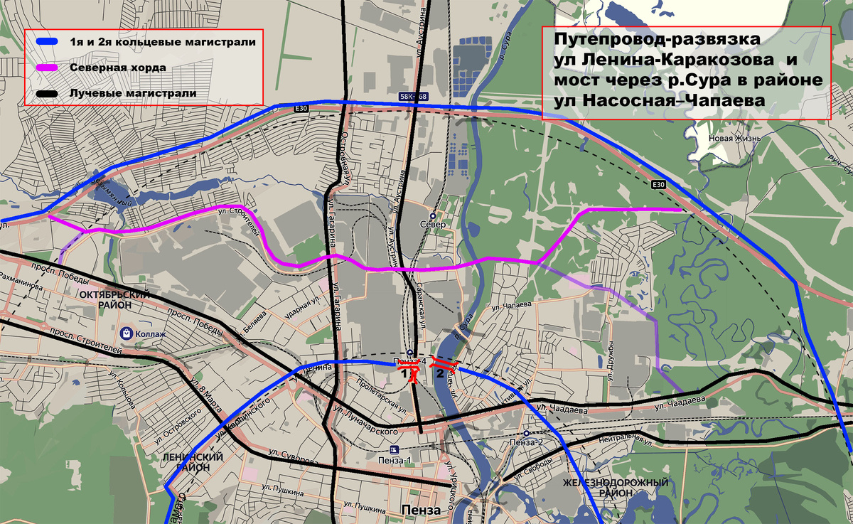 Путепровод  с ул Ленина и мост через Суру  в структуре первой кольцевой автодороги