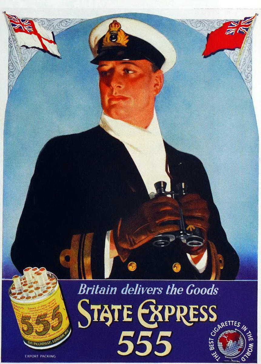 Реклама сигарет State Express 555 1942 года повторяла патриотические и мужественные образы из Первой мировой.