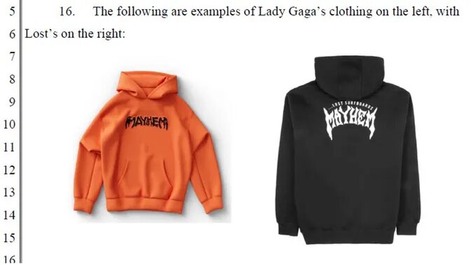 Изображение: Скриншот из иска Lost International, на котором показаны товары Lady Gaga Mayhem (слева) и товары Lost Mayhem (справа)
