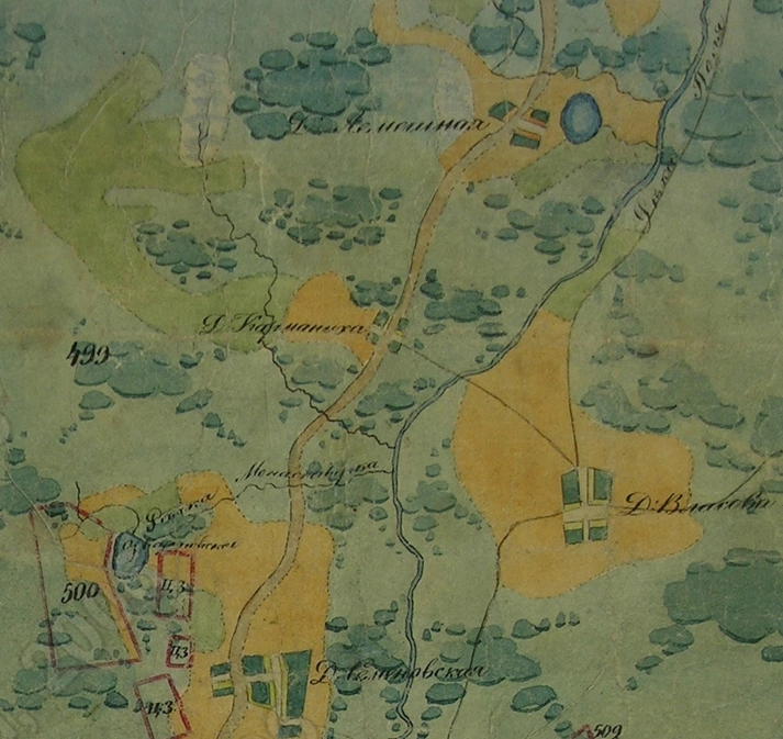 Карта Владимирского наместничества, Покровский уезд, 1790 г. На карте ошибки: 1. Власово и Семеновская перепутаны местами. 2.С 1776 дер. Власово стала селом - владелец деревни кн. П.М.Голицын построил в ней церковь.