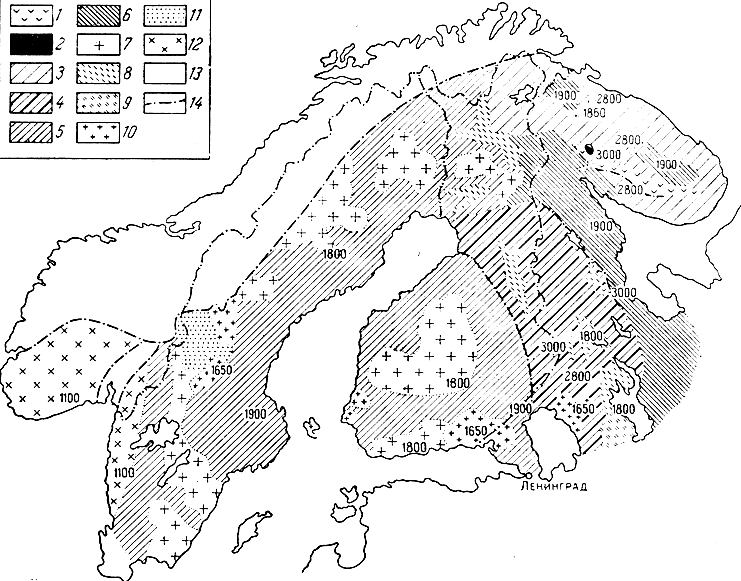Геохронологическая схема Балтийского щита по Тугаринову: 1 — зеленокаменные и железорудные формации; 2 — массив ультраосновных пород Мончетундры; 3 — Кольские гнейсы и мигматиты; 4 — гранитогнейсы и мигматиты ранних карелид; 5 — свекофениды; 6 — беломориды; 7 — гранитоиды Центральной Финляндии и Швеции; 8 — ятулий (средние карелиды); 9 — петрозаводская серия; 10 — интрузии рапакиви Южной Швеции и Финляндии; 11 — иотний Южной Швеции; 12 — область развития верхнекембрийских пегматитов в Южной Норвегии и Швеции; 13 — палеозойские формации и интрузии; 14 — разломы. Цифры на карте — значения абсолютного возраста (в млн. лет)