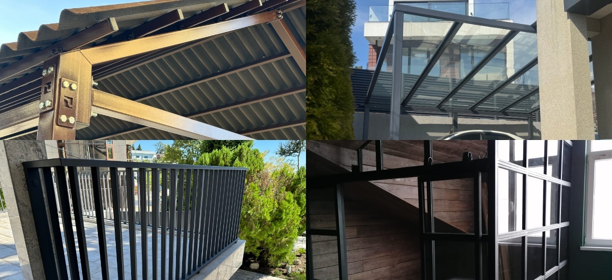 Реализованные проекты: сборно-разборный навес, стеклянный навес, металлические перила, ограждения LOFT.