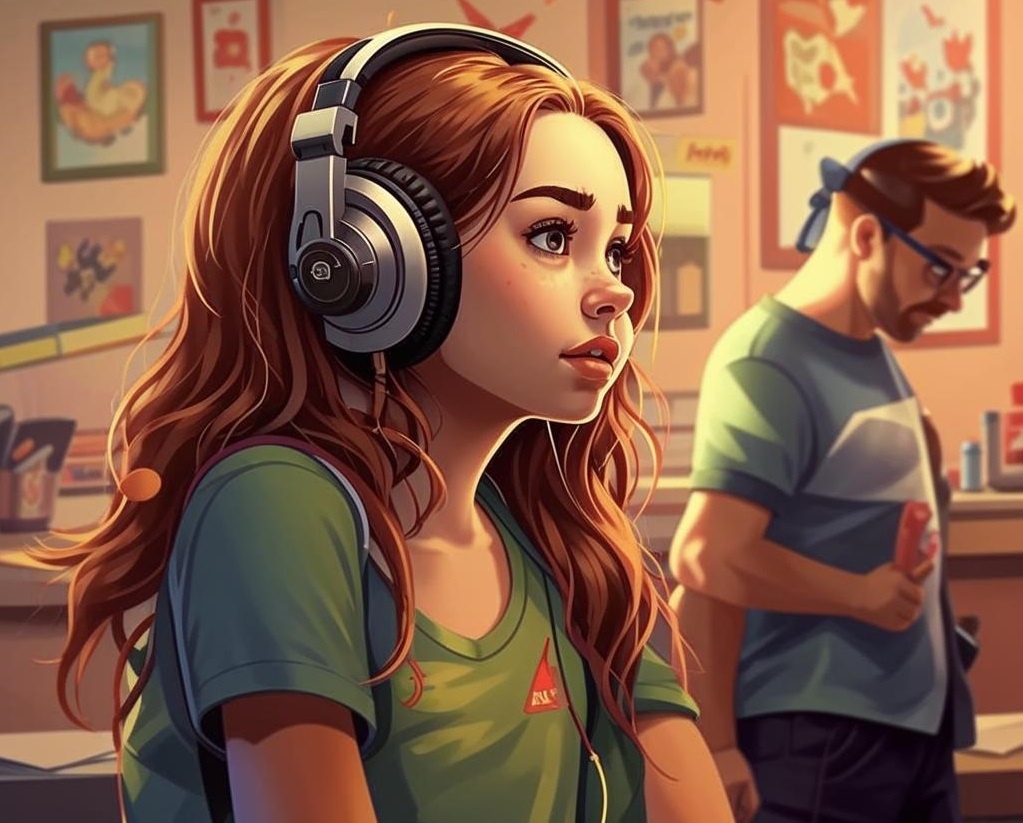 Девочка в наушниках, закрывающая уши, пока родители ссорятся на заднем плане — побег от реальности. 