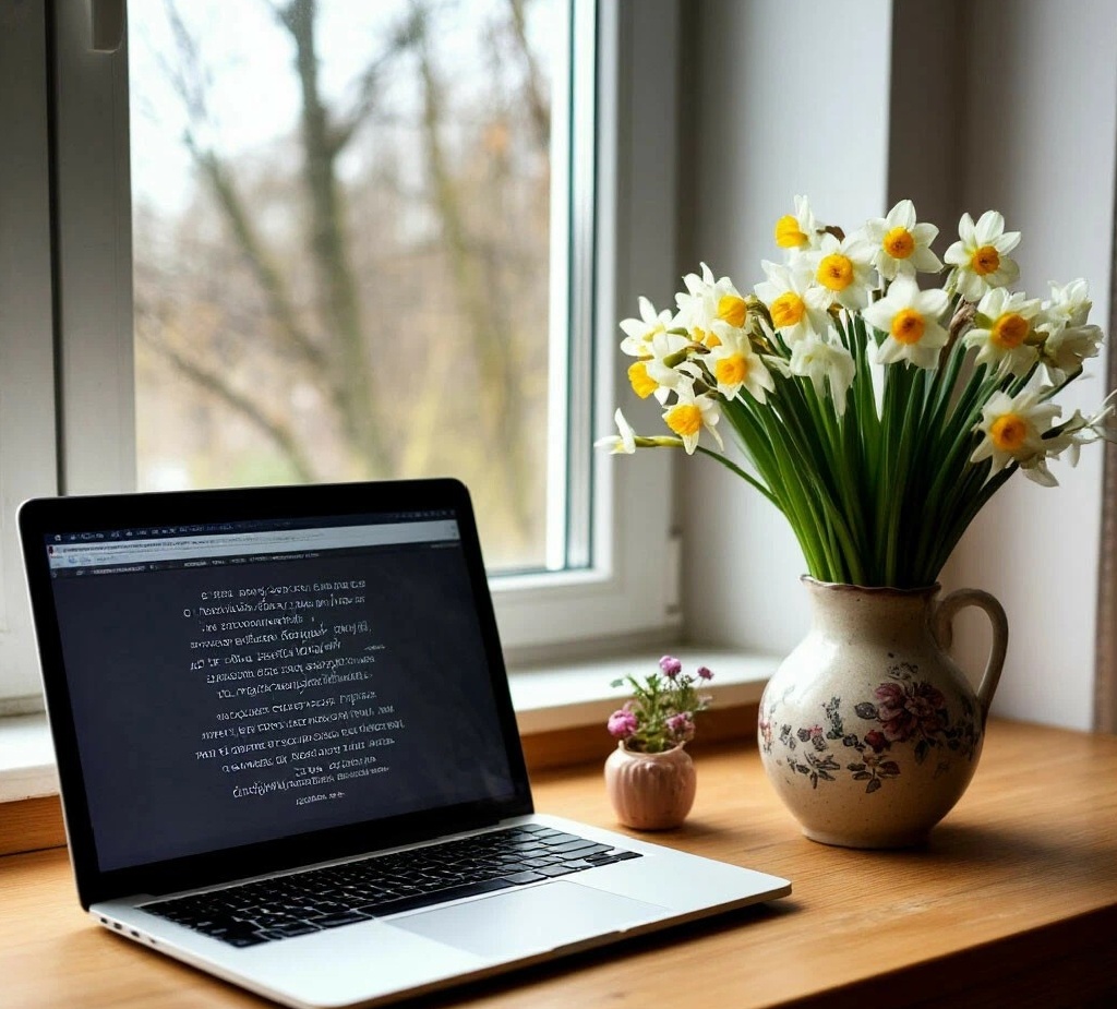 фото создано нейросетью: ноутбук, цветы