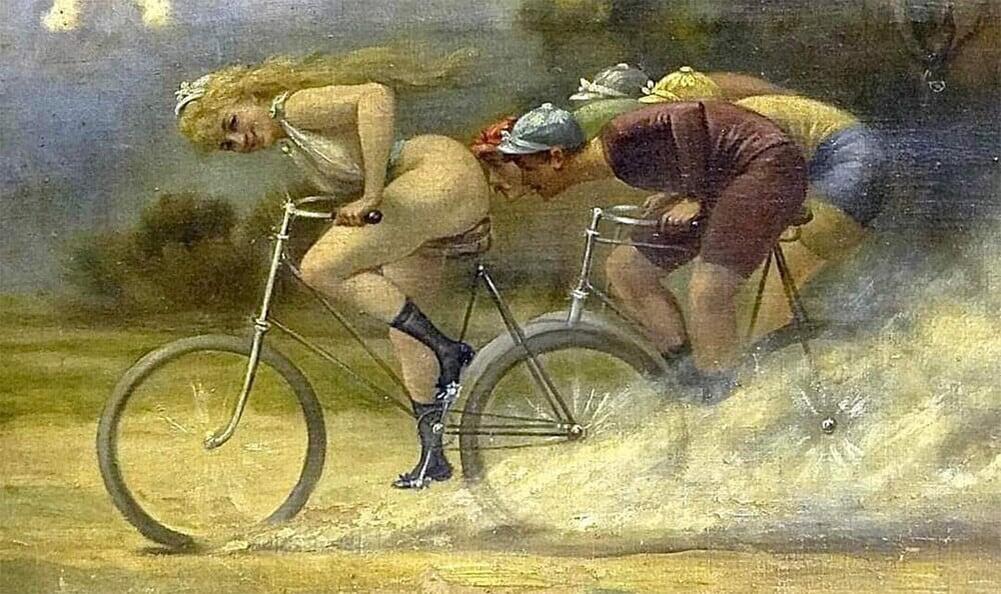 Картина "Неистовая велогонка", худ. Альберт Жозеф Пено, 1910 г.