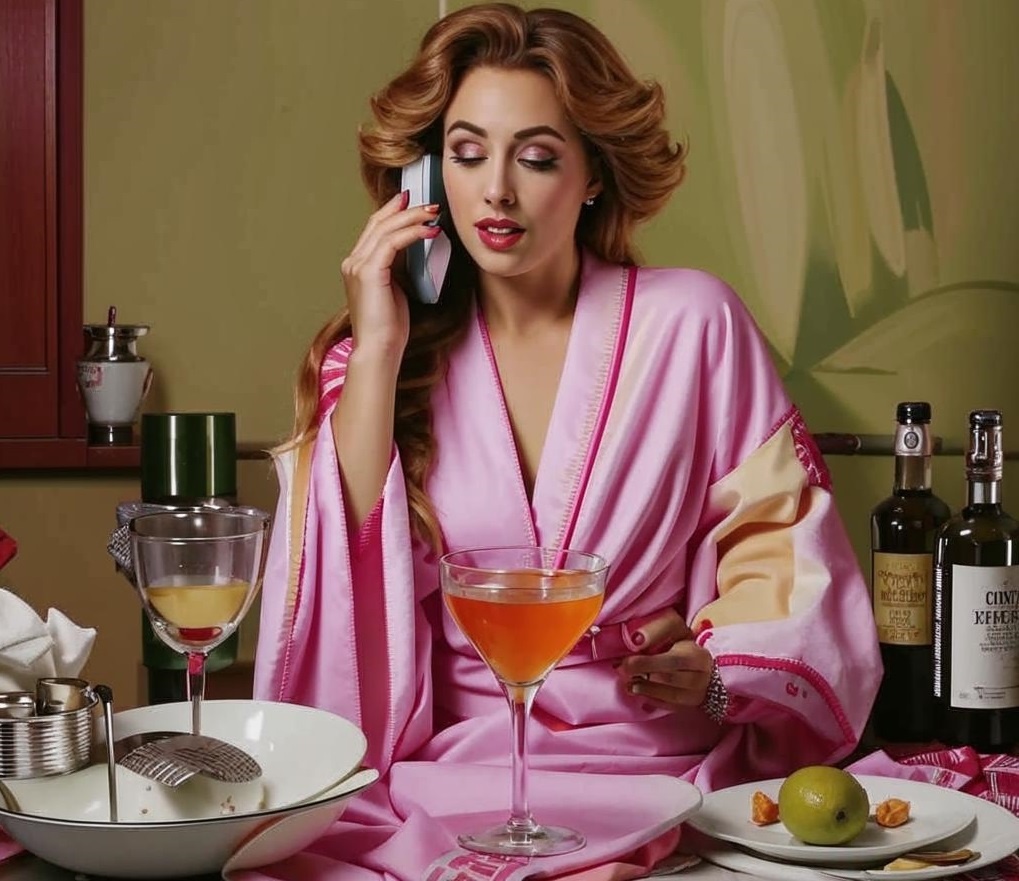 «Женщина в халате с коктейлем, залипающая в телефон на фоне грязной посуды» — пародия на «домохозяйку». 