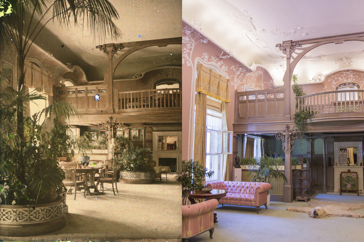 Кленовая гостиная. Автохром Андрея Зееста, 1917. Из коллекции ГМЗ «Царское Село» | Кленовая гостиная. 2022. Фото: ГМЗ «Царское Село», Святослав Новиков