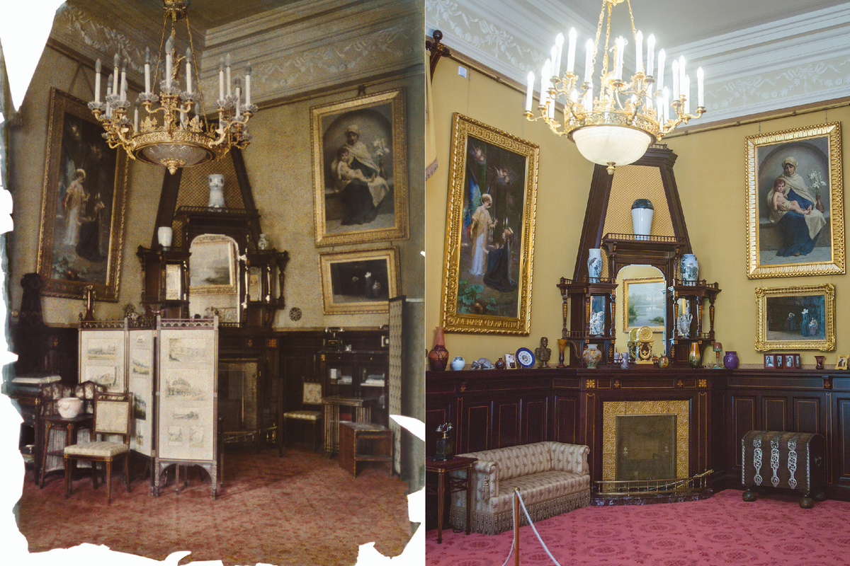 Палисандровая гостиная. Диапозитив Андрея Зееста, 1917. Из коллекции ГМЗ «Царское Село» | Палисандровая гостиная. 2022. Фото: ГМЗ «Царское Село», Святослав Новиков