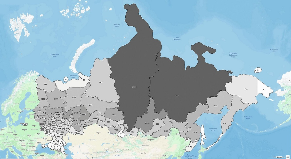 Карта 1. Лимиты добычи лося по регионам России (всего 92 106 голов)