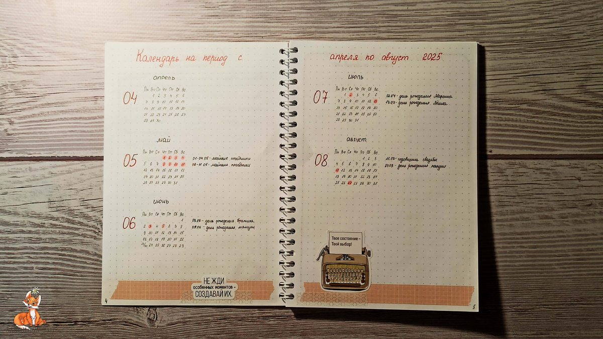 Календарь на период с апреля по август 2025