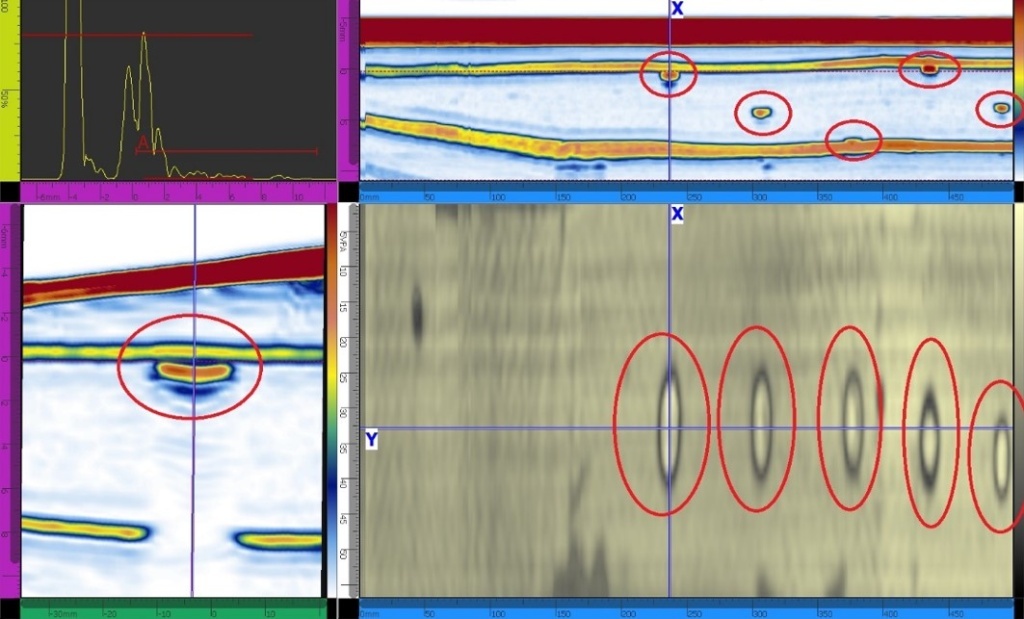 Рис. 2. Результаты контроля образца из ПКМ с переменной толщиной покрытия.