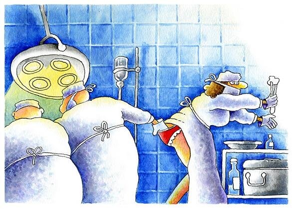 Работа художника-карикатуриста Константина Казанцева из серии"ВСЕ ПРОФЕССИИ ВАЖНЫ..." На операции. Хирург : "Сестра ! Зажим... Скальпель... Тампон..."
