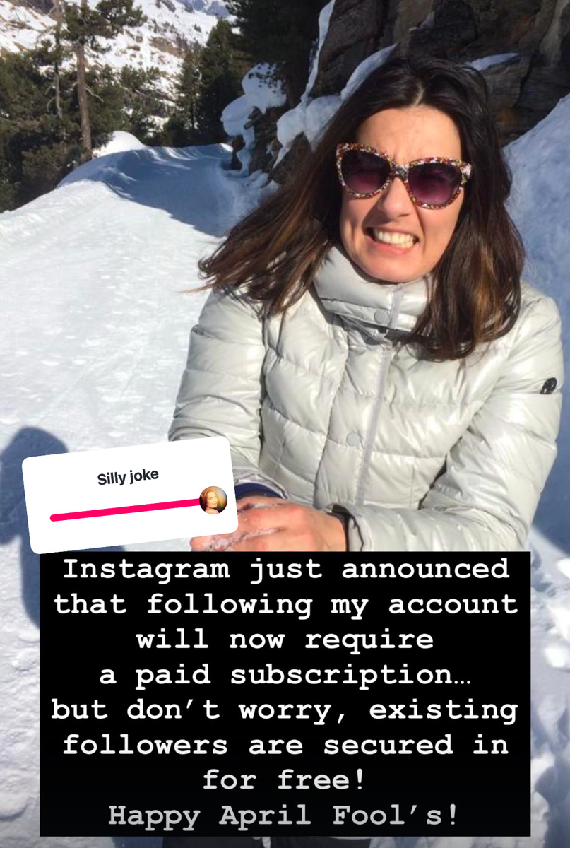 Вот и автор канала решила подшутить в своём Инстaграм-канале: "Инстaграм только что объявил, что теперь для подписки на мой аккаунт потребуется оплата… Но не волнуйтесь, существующие подписчики останутся бесплатно! С Днем Дурака!". Фотография из личного архива.