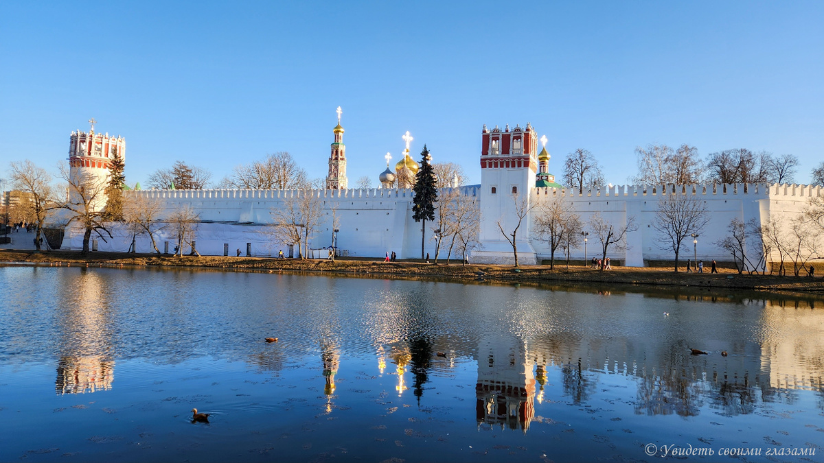Вид на Новодевичий монастырь и пруд весной