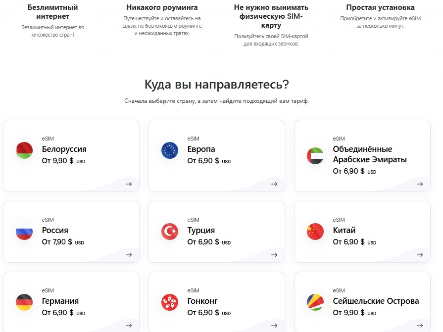 Популярные направления по странам с тарифами eSIM от Holafly