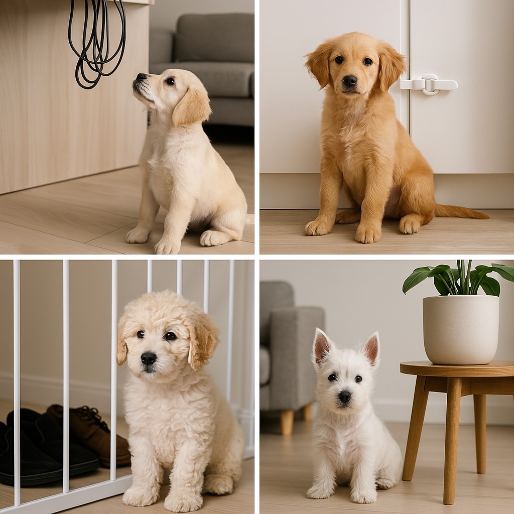 Провода и цветок на этих фото опасны для щенка.