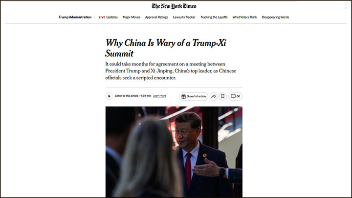The New York Times: Власти Китая решили повременить с организацией саммита Си Цзиньпина и Дональда Трампа на фоне действий американского лидера и его агрессивного поведения на публике в отношении других глав государств. Скриншот: NYT